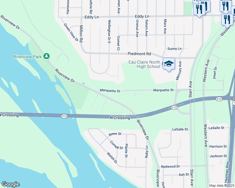 map of restaurants, bars, coffee shops, grocery stores, and more near 2419 Riverview Drive in Eau Claire