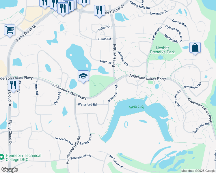 map of restaurants, bars, coffee shops, grocery stores, and more near Anderson Lakes Parkway in Eden Prairie
