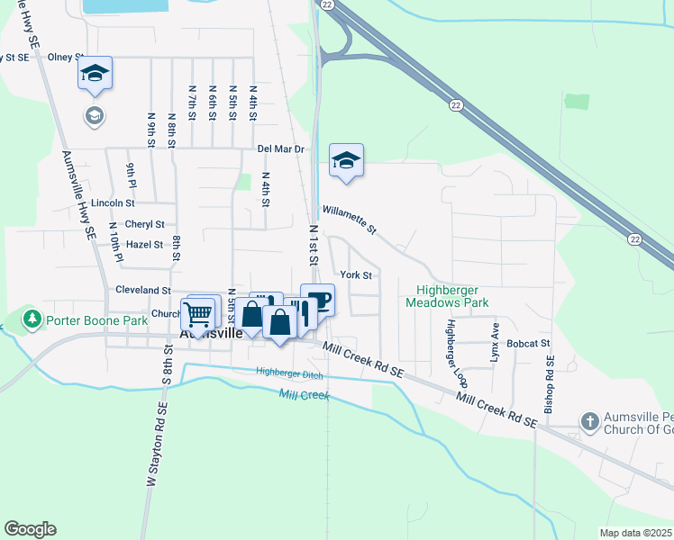 map of restaurants, bars, coffee shops, grocery stores, and more near 725 Stafford Street Southeast in Aumsville