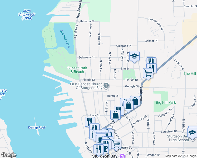 map of restaurants, bars, coffee shops, grocery stores, and more near 631 North 5th Avenue in Sturgeon Bay