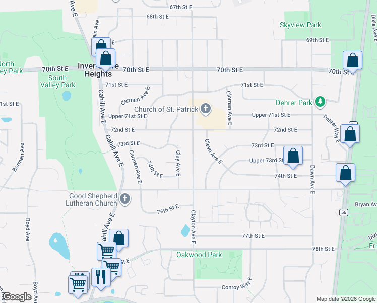 map of restaurants, bars, coffee shops, grocery stores, and more near 7394 Clayton Avenue East in Inver Grove Heights