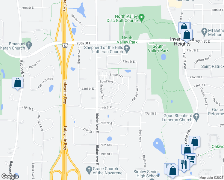 map of restaurants, bars, coffee shops, grocery stores, and more near 7374 Bond Way in Inver Grove Heights