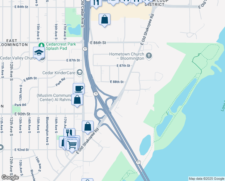 map of restaurants, bars, coffee shops, grocery stores, and more near 2130 East Old Shakopee Road in Bloomington