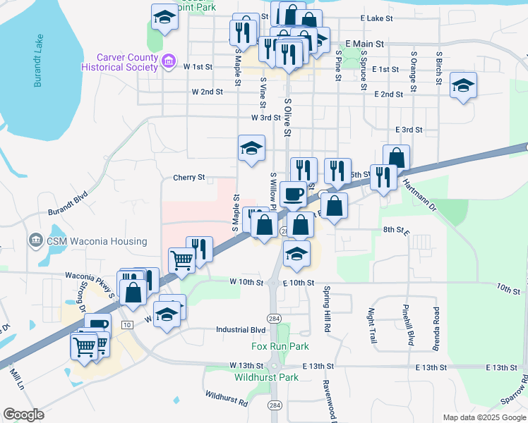 map of restaurants, bars, coffee shops, grocery stores, and more near 121 Depot Drive in Waconia