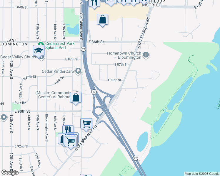 map of restaurants, bars, coffee shops, grocery stores, and more near 2130 East Old Shakopee Road in Minneapolis