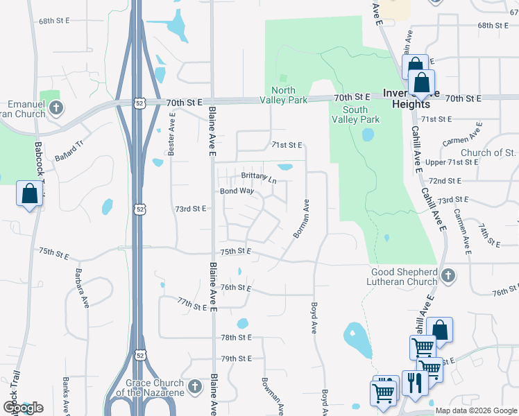 map of restaurants, bars, coffee shops, grocery stores, and more near 7374 Bond Way in Inver Grove Heights