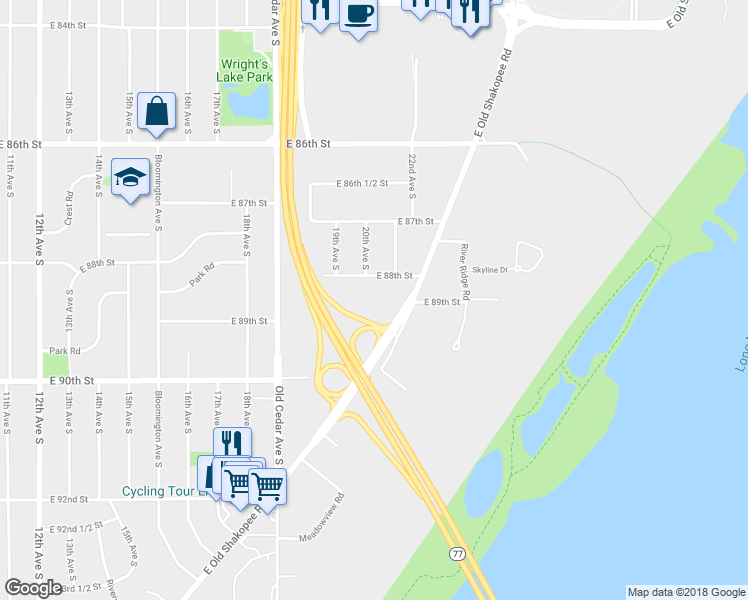 map of restaurants, bars, coffee shops, grocery stores, and more near 2130 East Old Shakopee Road in Bloomington