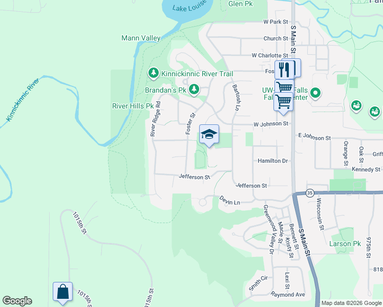 map of restaurants, bars, coffee shops, grocery stores, and more near 1450 Foster Street in River Falls