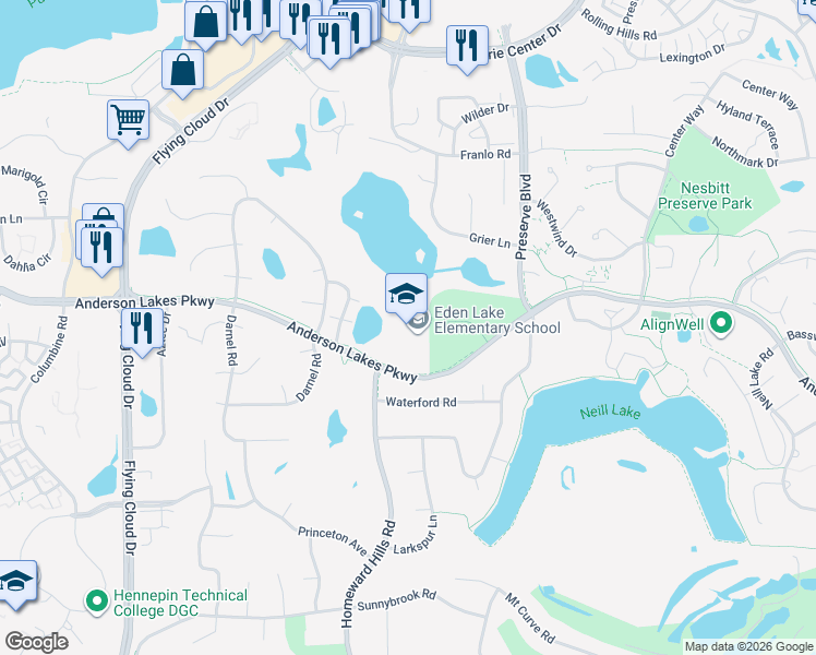 map of restaurants, bars, coffee shops, grocery stores, and more near 12000 Anderson Lakes Parkway in Eden Prairie