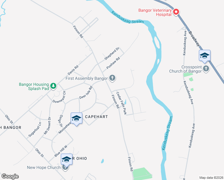 map of restaurants, bars, coffee shops, grocery stores, and more near 614 Finson Road in Bangor