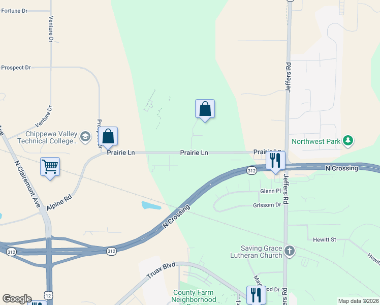 map of restaurants, bars, coffee shops, grocery stores, and more near Prairie Lane in Eau Claire