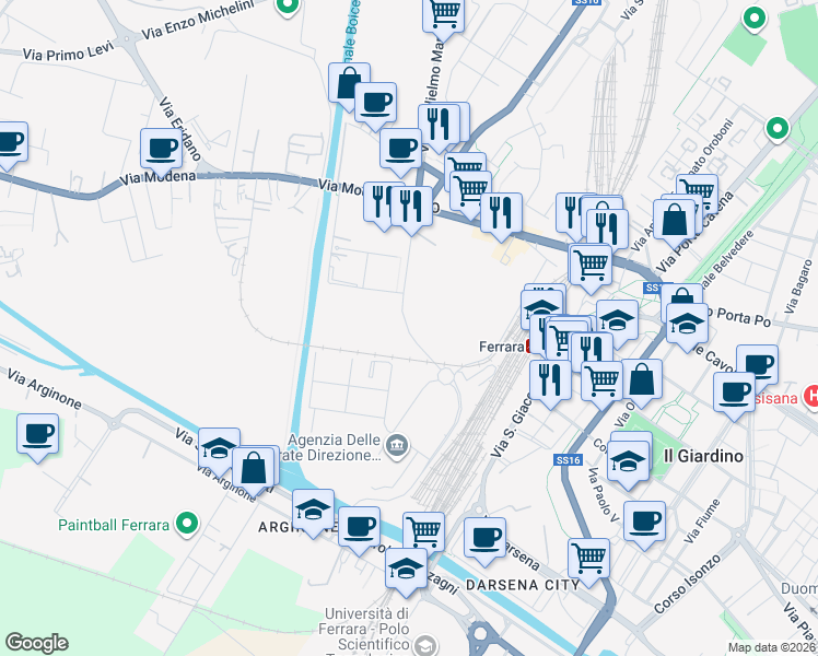 map of restaurants, bars, coffee shops, grocery stores, and more near 40 Via del Lavoro in Ferrara