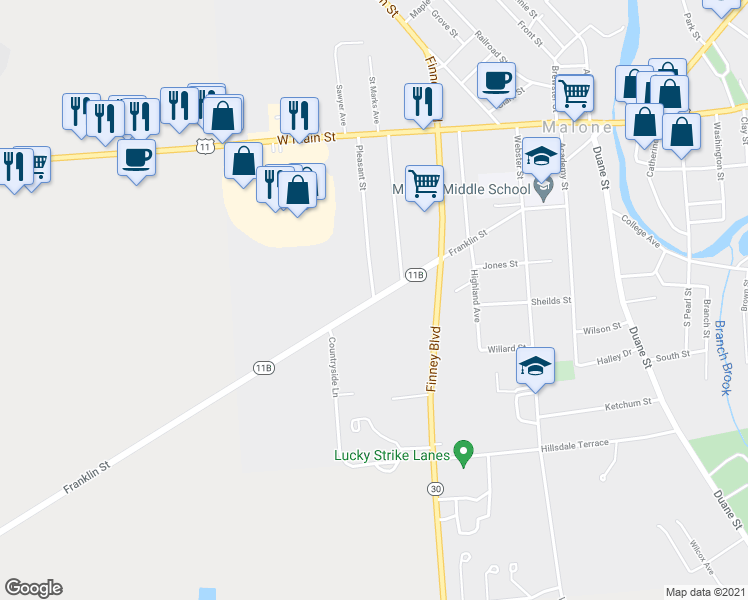 map of restaurants, bars, coffee shops, grocery stores, and more near Franklin Street & Pleasant Street in Malone