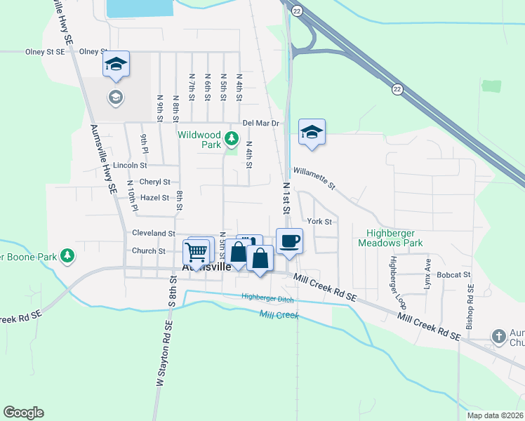map of restaurants, bars, coffee shops, grocery stores, and more near 389 Shamrock Street in Aumsville