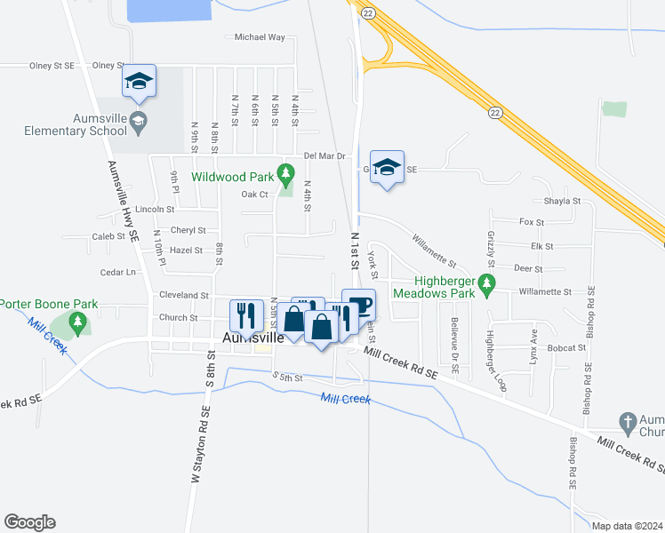 map of restaurants, bars, coffee shops, grocery stores, and more near 378 Shamrock Street in Aumsville