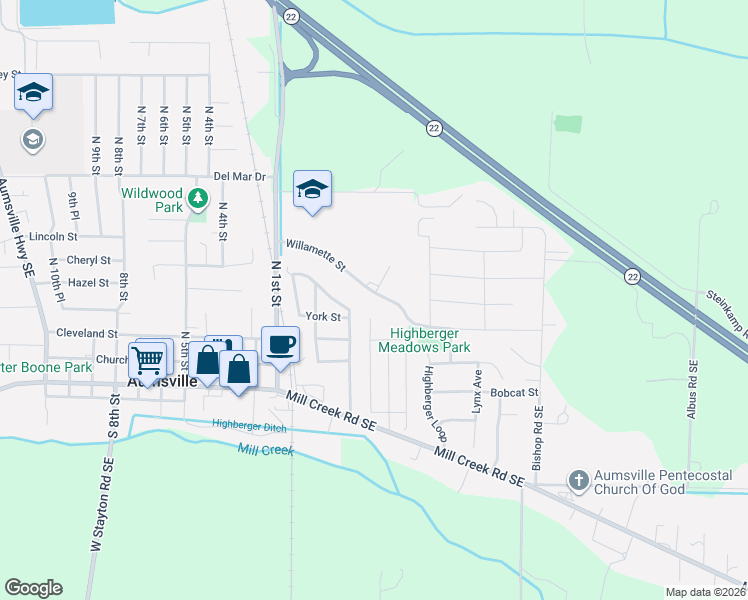 map of restaurants, bars, coffee shops, grocery stores, and more near 9738 Willamette Street in Aumsville