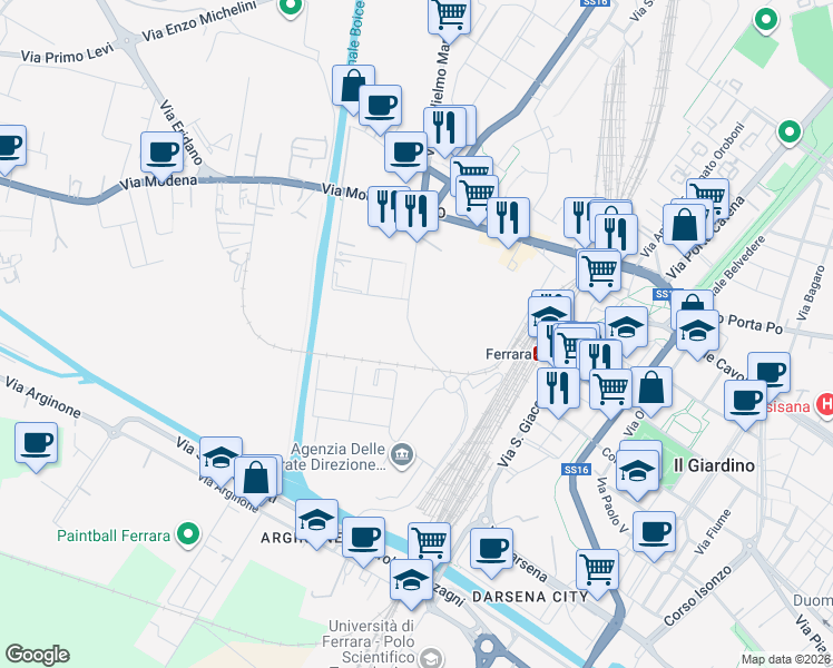 map of restaurants, bars, coffee shops, grocery stores, and more near 40 Via del Lavoro in Ferrara