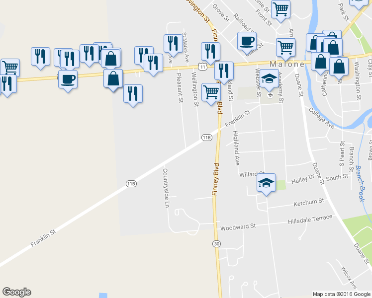 map of restaurants, bars, coffee shops, grocery stores, and more near 98 Pleasant Street in Malone