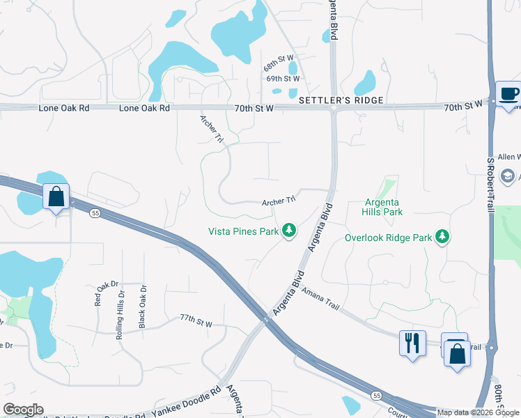 map of restaurants, bars, coffee shops, grocery stores, and more near 7266 Archer Trail in Inver Grove Heights