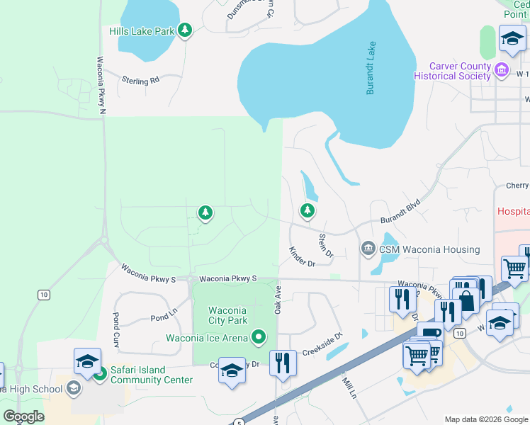 map of restaurants, bars, coffee shops, grocery stores, and more near 1235 Kinder Drive in Waconia