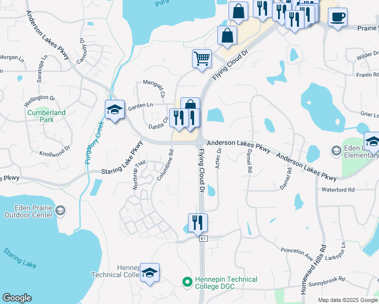 map of restaurants, bars, coffee shops, grocery stores, and more near 8781 Columbine Road in Eden Prairie