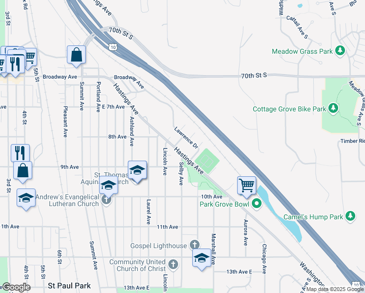 map of restaurants, bars, coffee shops, grocery stores, and more near 818 Hastings Avenue in Saint Paul Park