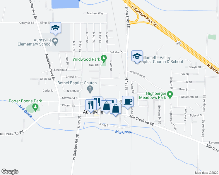 map of restaurants, bars, coffee shops, grocery stores, and more near 396 Shamrock Street in Aumsville
