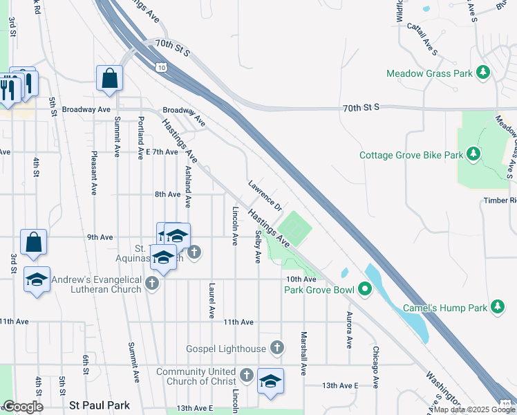 map of restaurants, bars, coffee shops, grocery stores, and more near 818 Hastings Avenue in Saint Paul Park