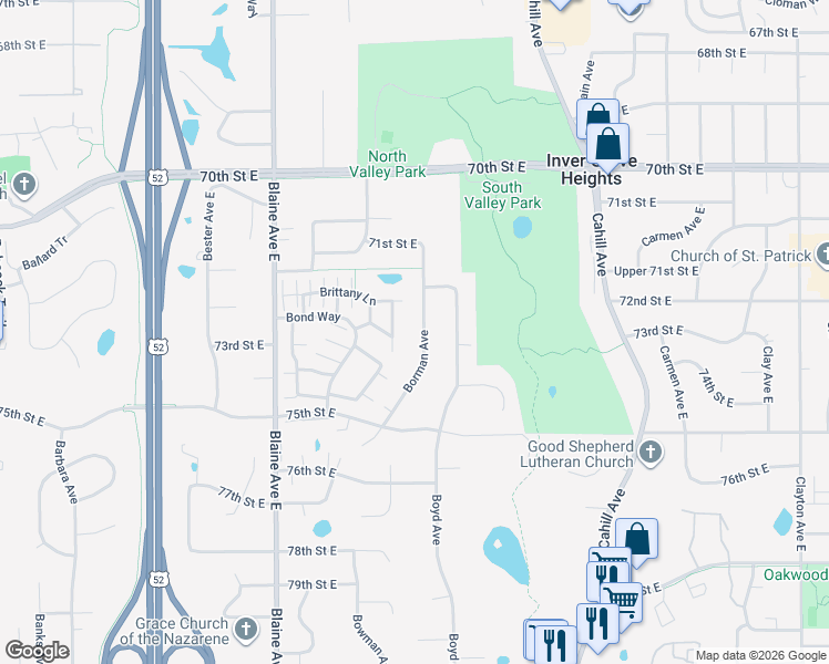 map of restaurants, bars, coffee shops, grocery stores, and more near 7327 Borman Avenue in Inver Grove Heights