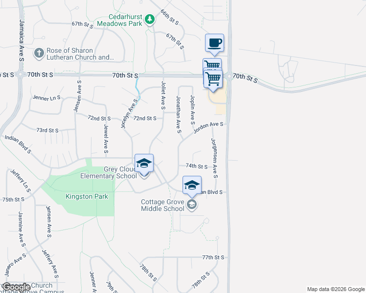 map of restaurants, bars, coffee shops, grocery stores, and more near 7287 Jordon Avenue South in Cottage Grove
