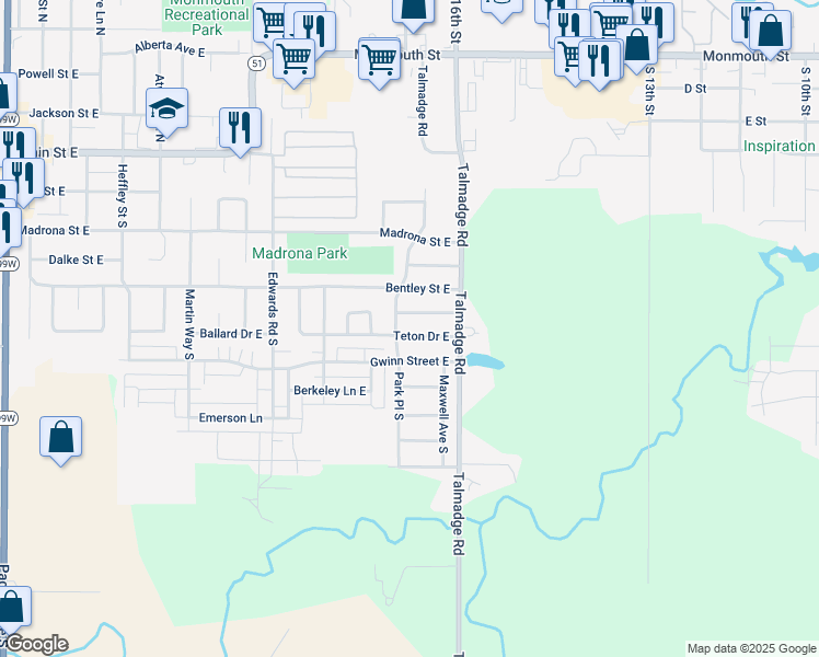 map of restaurants, bars, coffee shops, grocery stores, and more near 1863 Rainier Drive East in Monmouth