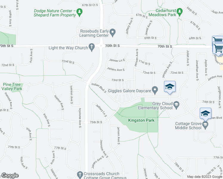map of restaurants, bars, coffee shops, grocery stores, and more near 9116 Indian Boulevard South in Cottage Grove