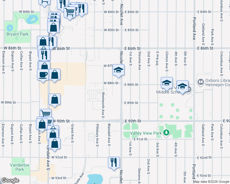 map of restaurants, bars, coffee shops, grocery stores, and more near 8811 Blaisdell Avenue South in Minneapolis