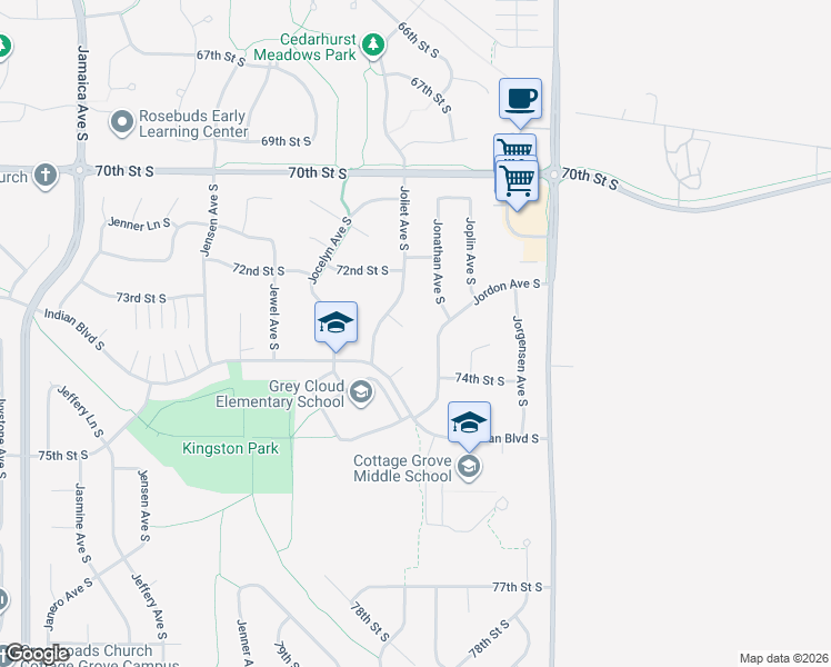 map of restaurants, bars, coffee shops, grocery stores, and more near 7318 Jordon Avenue South in Cottage Grove
