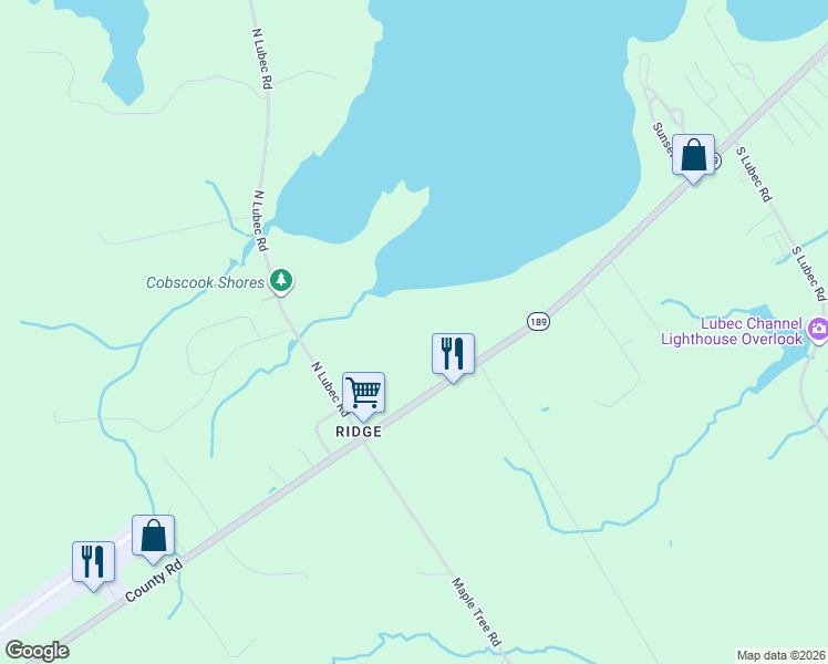 map of restaurants, bars, coffee shops, grocery stores, and more near 218 County Road in Lubec
