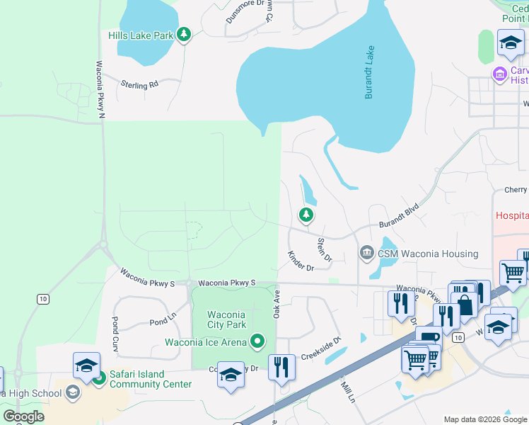 map of restaurants, bars, coffee shops, grocery stores, and more near 1235 Kinder Drive in Waconia