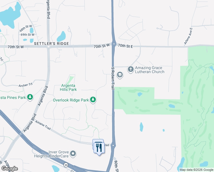 map of restaurants, bars, coffee shops, grocery stores, and more near 7245 South Robert Trail in Inver Grove Heights