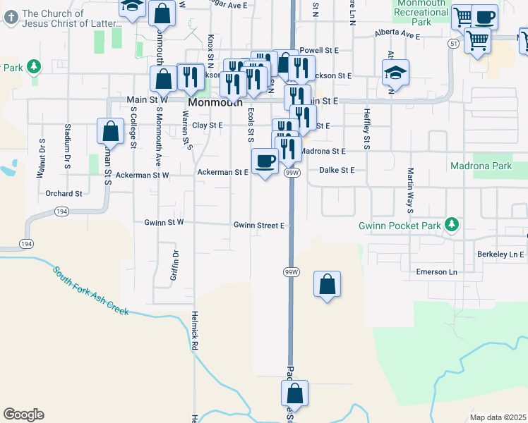 map of restaurants, bars, coffee shops, grocery stores, and more near 504 Gwinn Street East in Monmouth