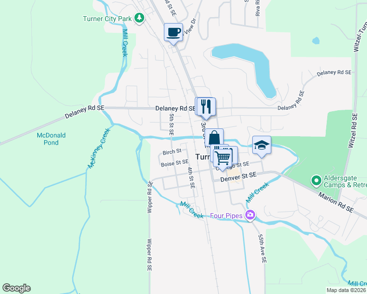map of restaurants, bars, coffee shops, grocery stores, and more near 7685 4th Street Southeast in Turner