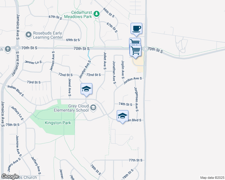 map of restaurants, bars, coffee shops, grocery stores, and more near 7318 Jordon Avenue South in Cottage Grove