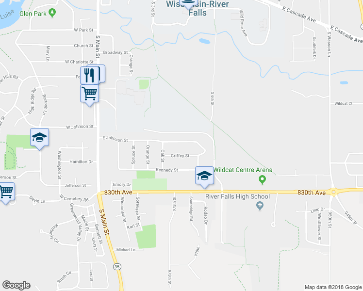 map of restaurants, bars, coffee shops, grocery stores, and more near 430 East Johnson Street in River Falls