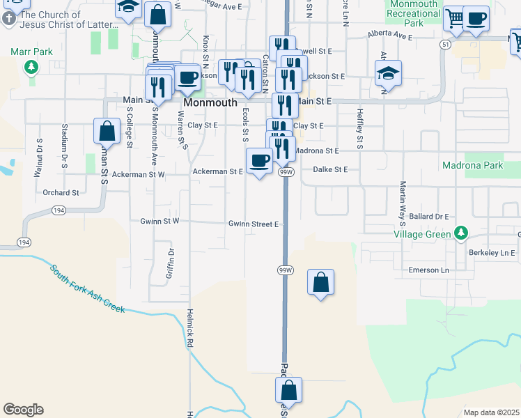 map of restaurants, bars, coffee shops, grocery stores, and more near 504 Gwinn Street East in Monmouth