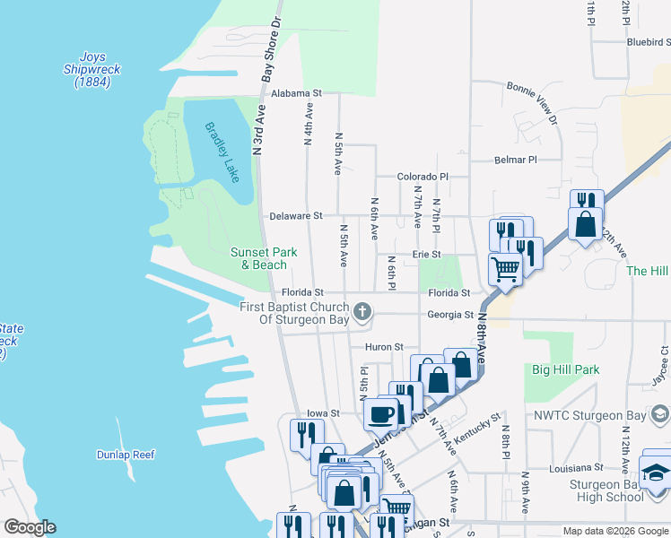 map of restaurants, bars, coffee shops, grocery stores, and more near 735 North 5th Avenue in Sturgeon Bay