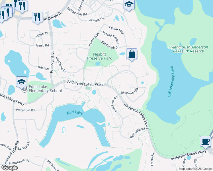 map of restaurants, bars, coffee shops, grocery stores, and more near 11013 Anderson Lakes Parkway in Eden Prairie