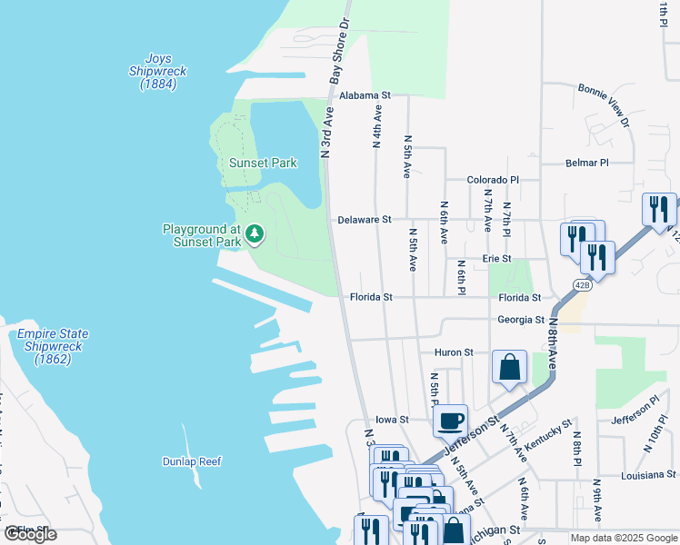 map of restaurants, bars, coffee shops, grocery stores, and more near 730 County Road B in Sturgeon Bay