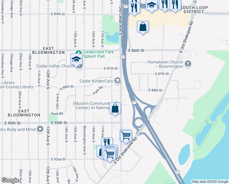 map of restaurants, bars, coffee shops, grocery stores, and more near 8813 18th Avenue South in Bloomington