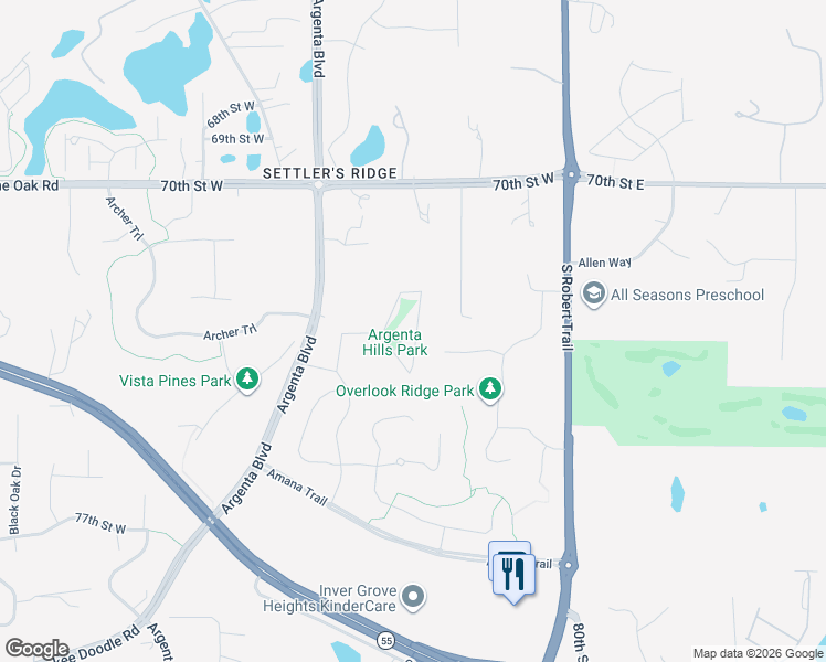 map of restaurants, bars, coffee shops, grocery stores, and more near 1234 70th Street West in Inver Grove Heights