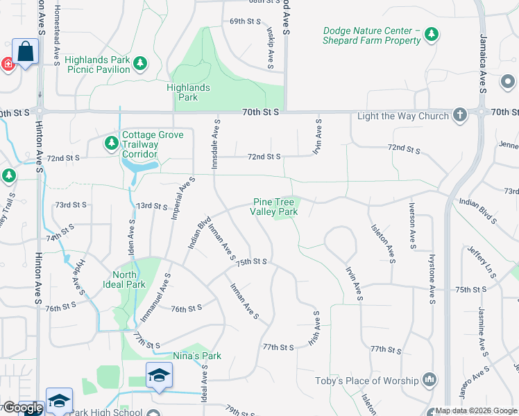 map of restaurants, bars, coffee shops, grocery stores, and more near 8401 Indian Boulevard South in Cottage Grove