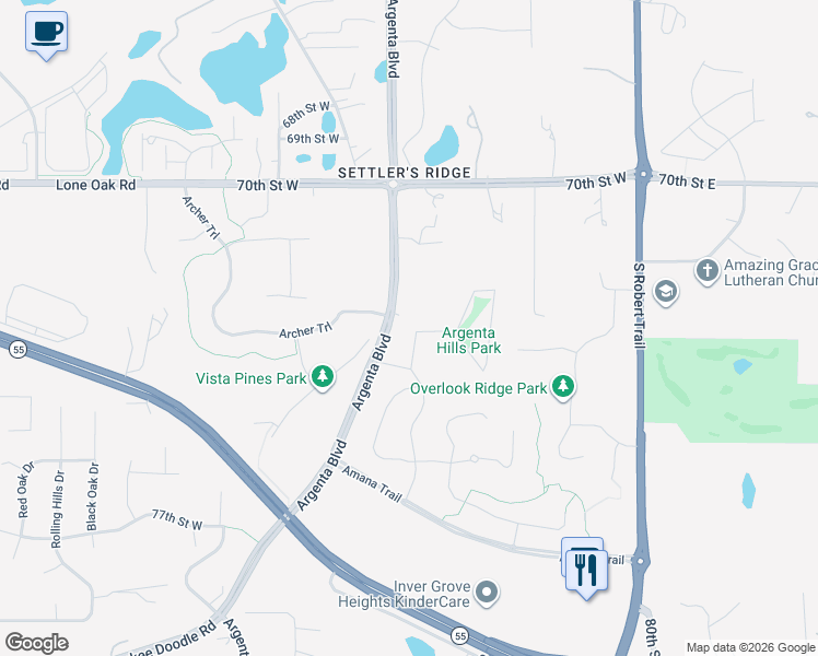 map of restaurants, bars, coffee shops, grocery stores, and more near 7241 Argenta Trail in Inver Grove Heights