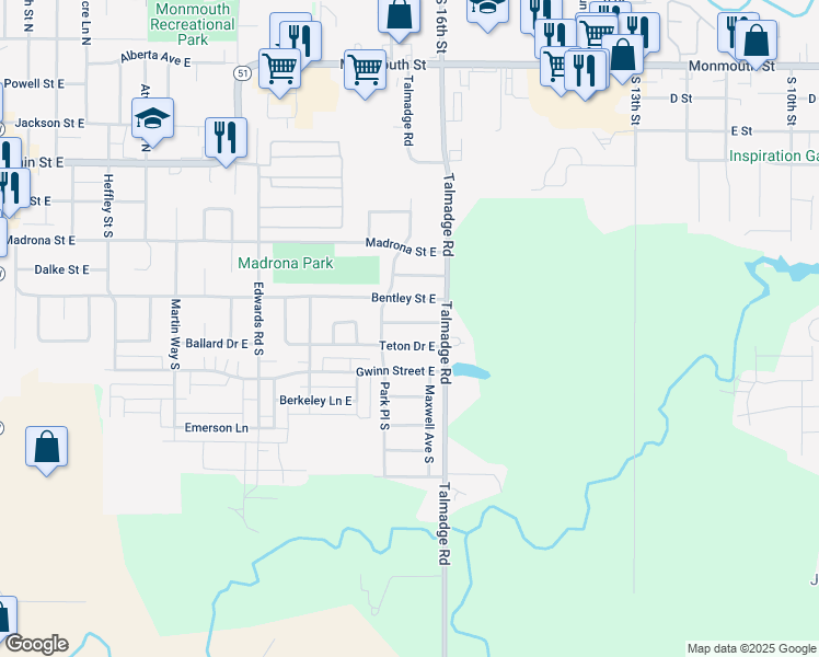 map of restaurants, bars, coffee shops, grocery stores, and more near 1863 Rainier Drive East in Monmouth
